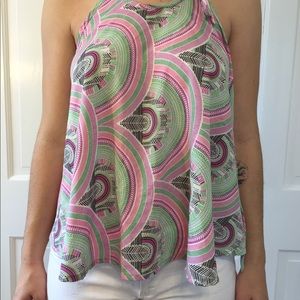 pink and green patterned top